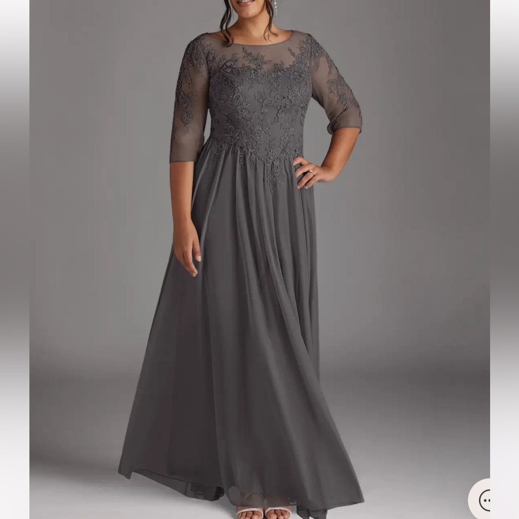 Azazie Charcoal Gray Long Sleeve Lace Bodice Evening Gown